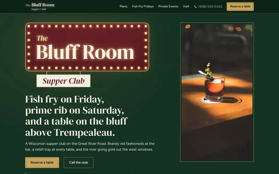Home page of the The Bluff Room concept site