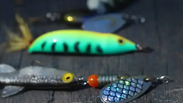 Brightly painted fishing lures laid out on weathered wood