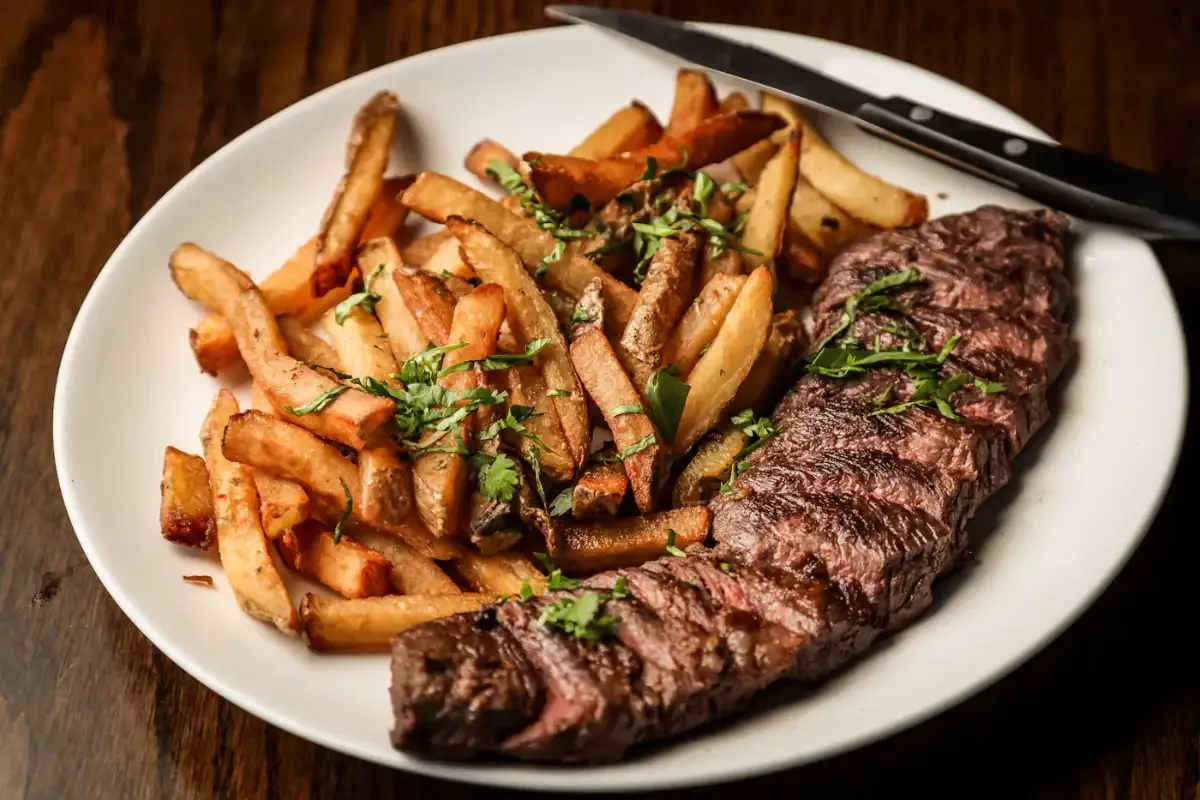 Sliced char-broiled steak with herbed fries on a white plate