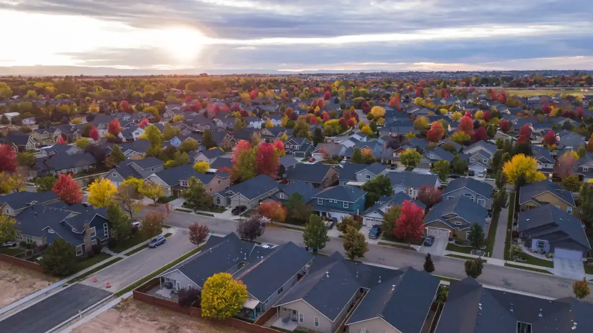 Aerial view of a neighborhood of houses among autumn trees, under a low sun