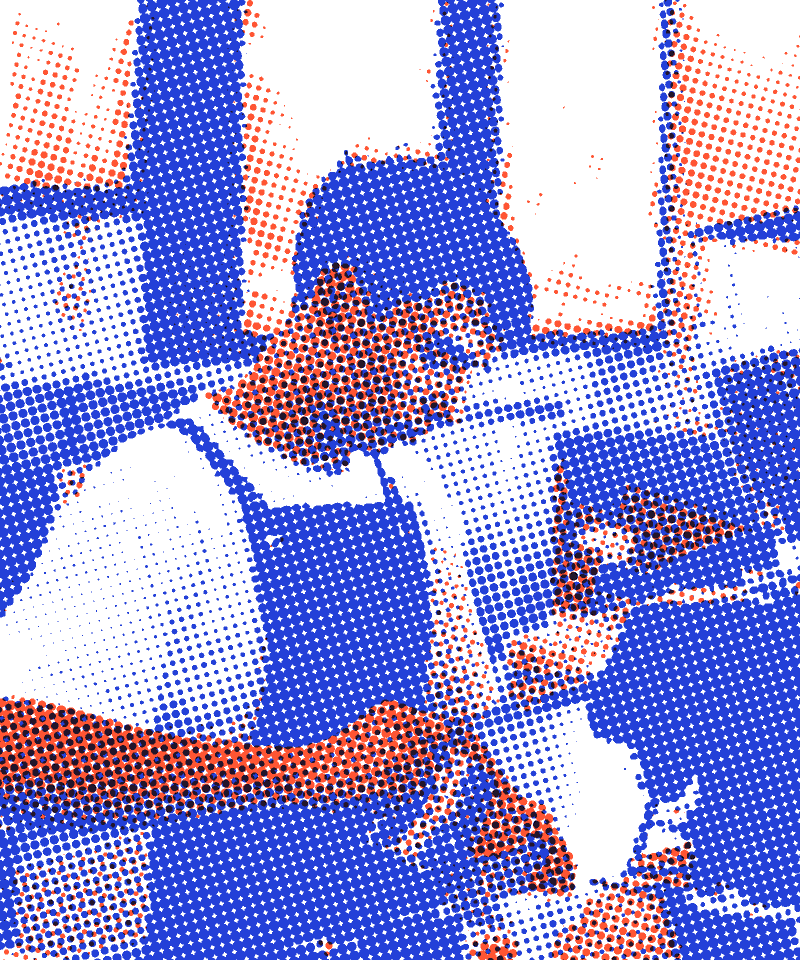A barista in an apron pouring steamed milk into a cup, printed in orange and blue halftone dots