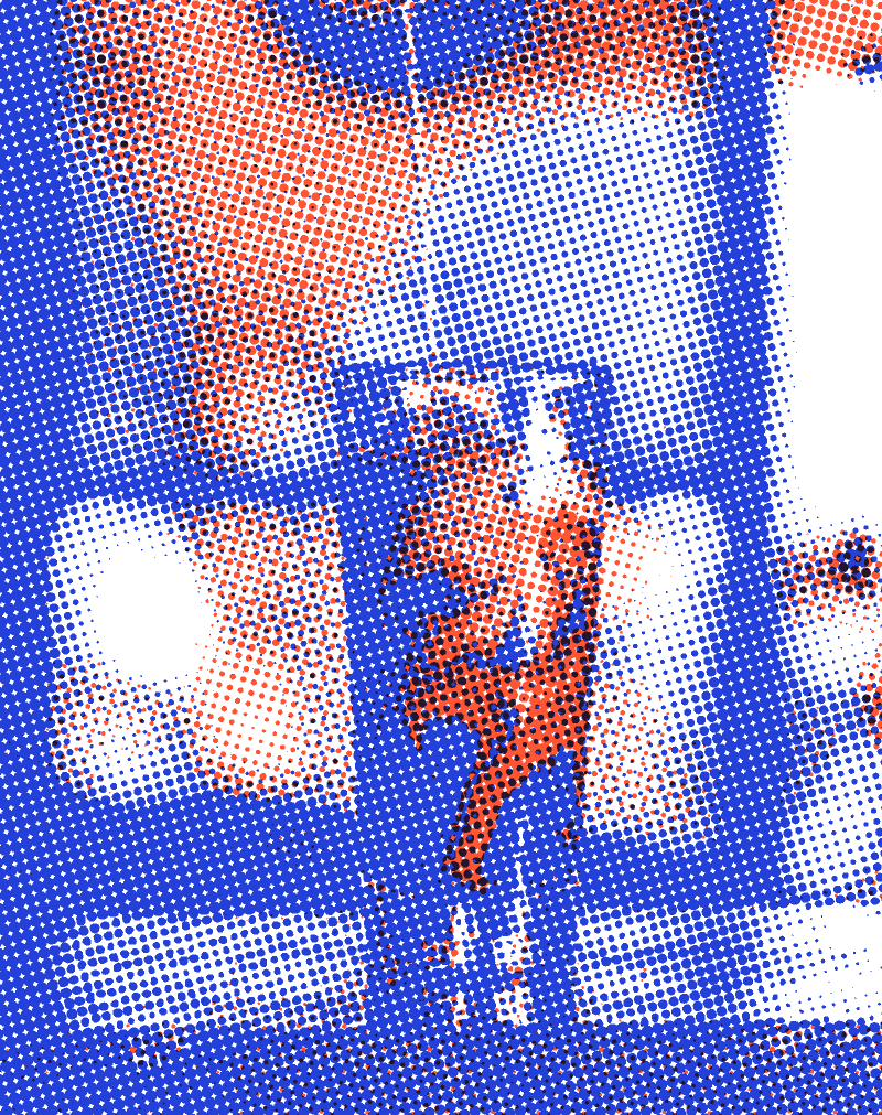 Cream pouring into a tall glass of iced coffee, printed in orange and blue dots