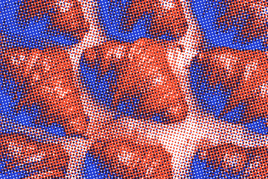 Rows of croissants on a baking sheet, printed in orange and blue halftone dots