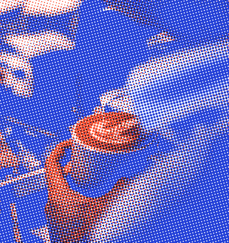 A hand holding a fresh latte in front of an espresso machine, printed in orange and blue halftone dots