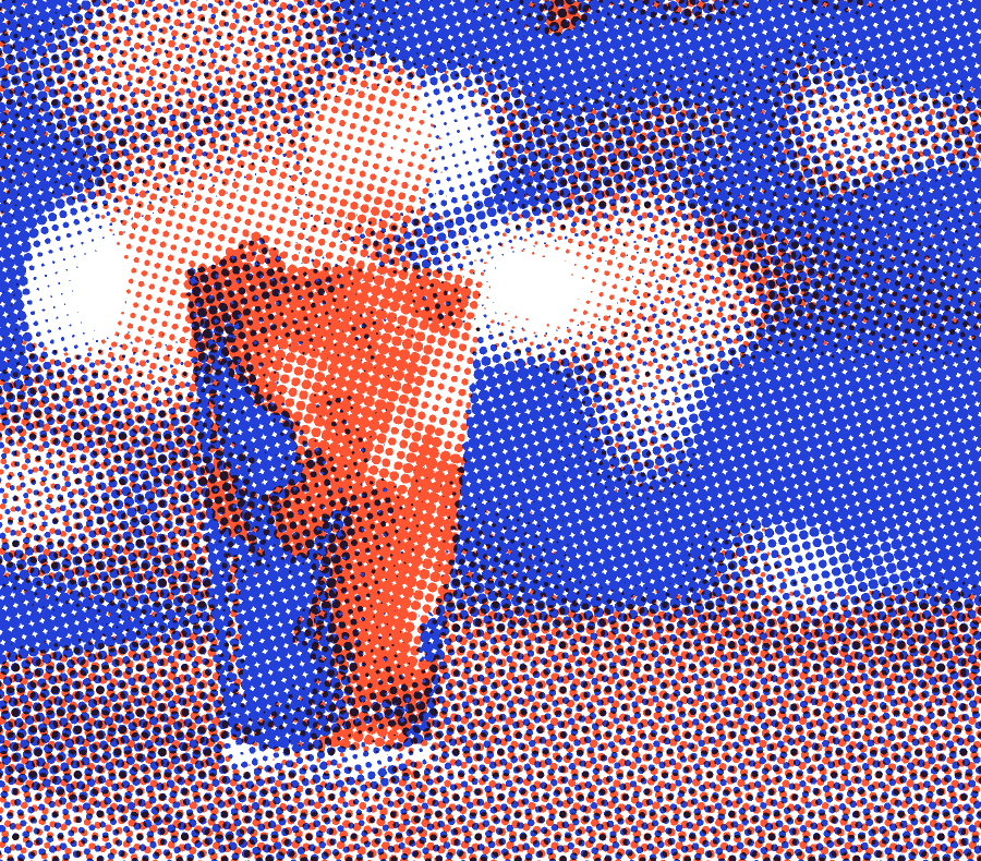 A glass of iced coffee with milk swirling through it, printed in orange and blue dots