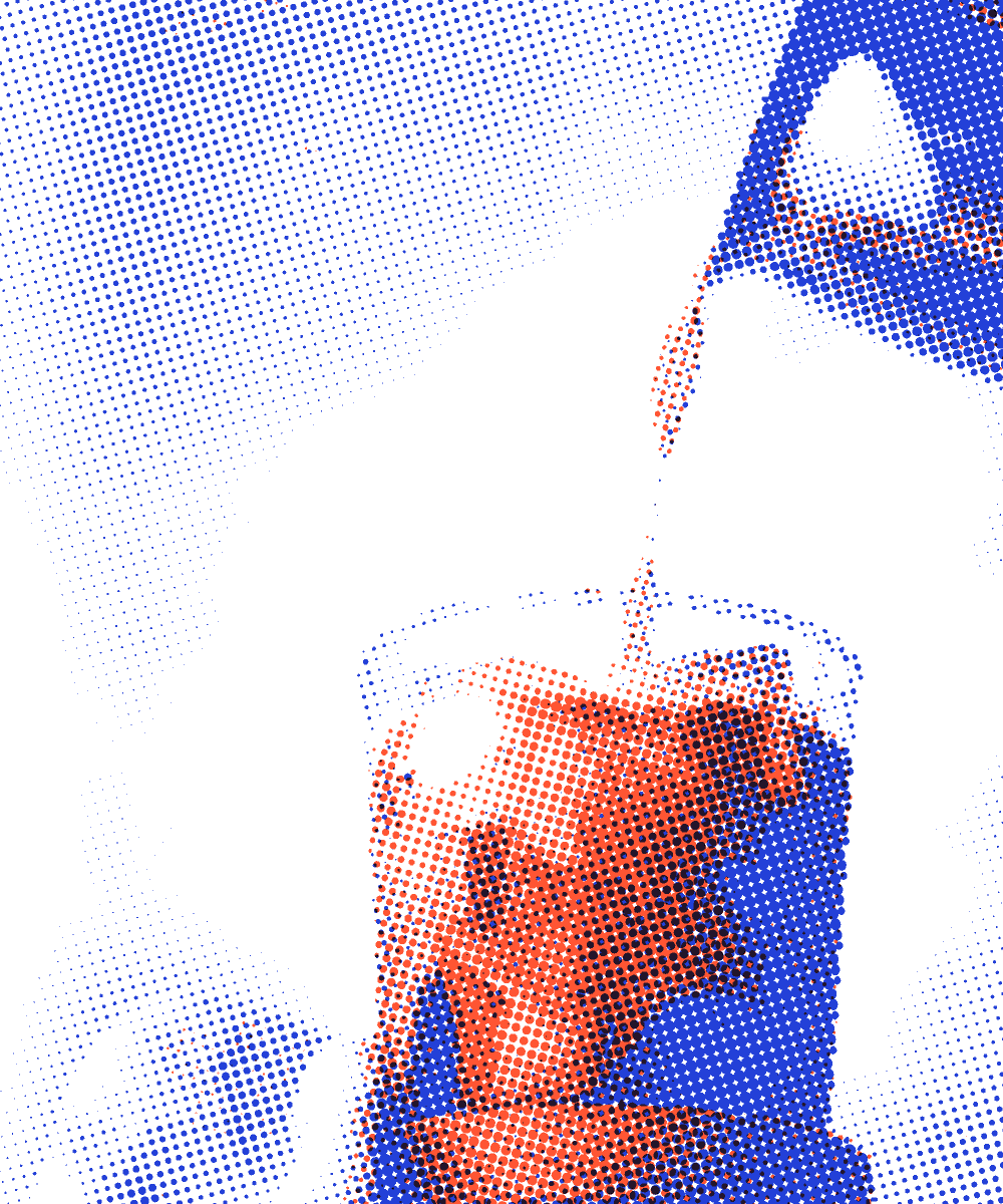Milk pouring into a glass of iced coffee, printed in orange and blue halftone dots