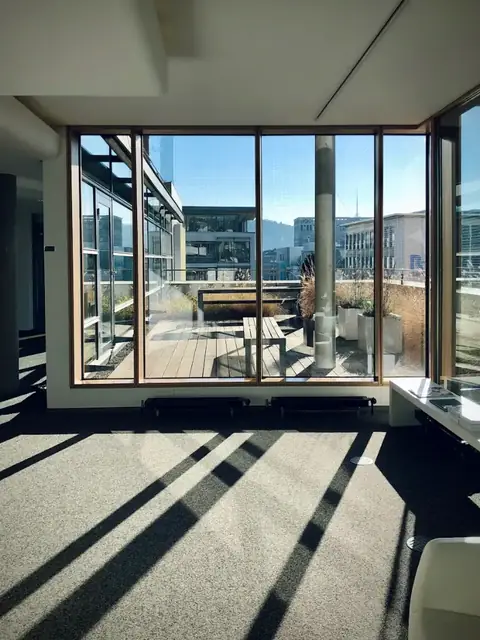 A bright, quiet office with tall windows and long shadows across the floor