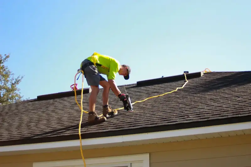A roofer in a hi-vis yellow shirt and harness fastening shingles on a brown asphalt roof under a clear sky